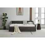 Cama nido doble de algodón a rayas grises/beige con cajones de almacenamiento, asientos y capacidad para 1 persona