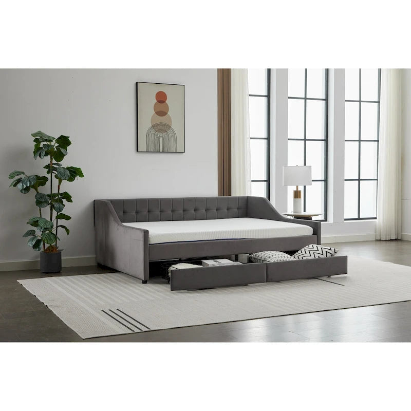 Cama nido doble de algodón a rayas grises/beige con cajones de almacenamiento, asientos y capacidad para 1 persona
