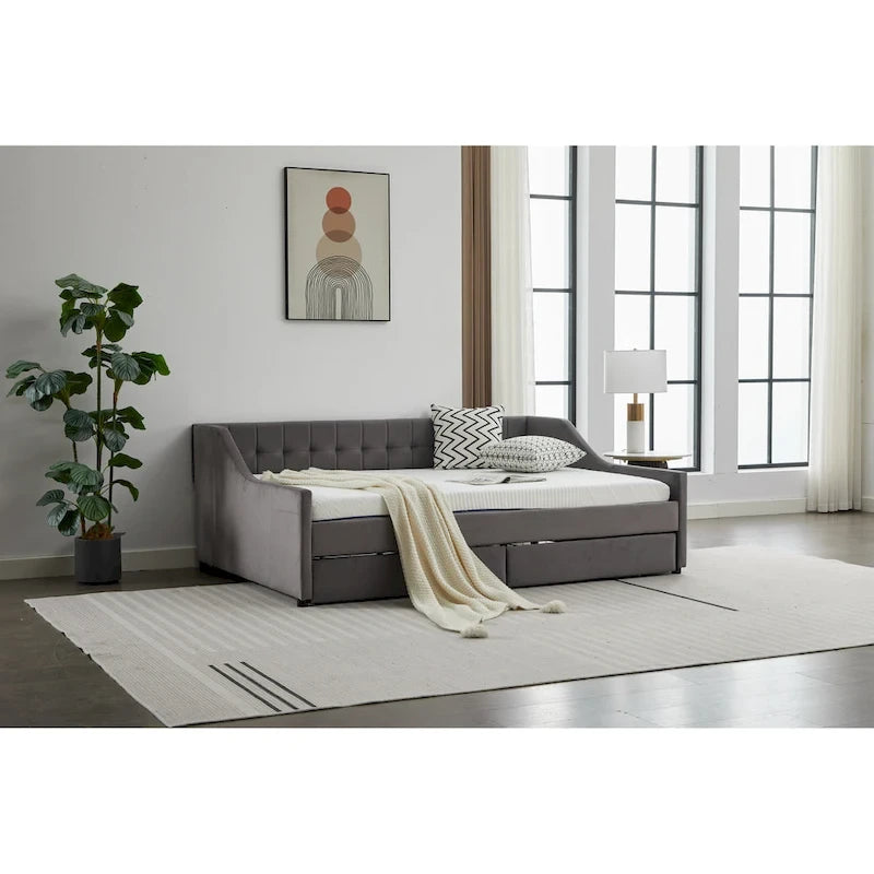 Cama nido doble de algodón a rayas grises/beige con cajones de almacenamiento, asientos y capacidad para 1 persona