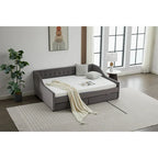 Cama nido doble de algodón a rayas grises/beige con cajones de almacenamiento, asientos y capacidad para 1 persona