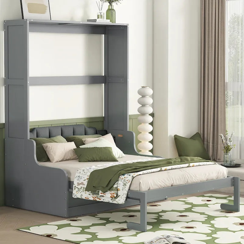 Cama de pared Queen Murphy con cojín – Espresso / Gris / Blanco, Duerme 1