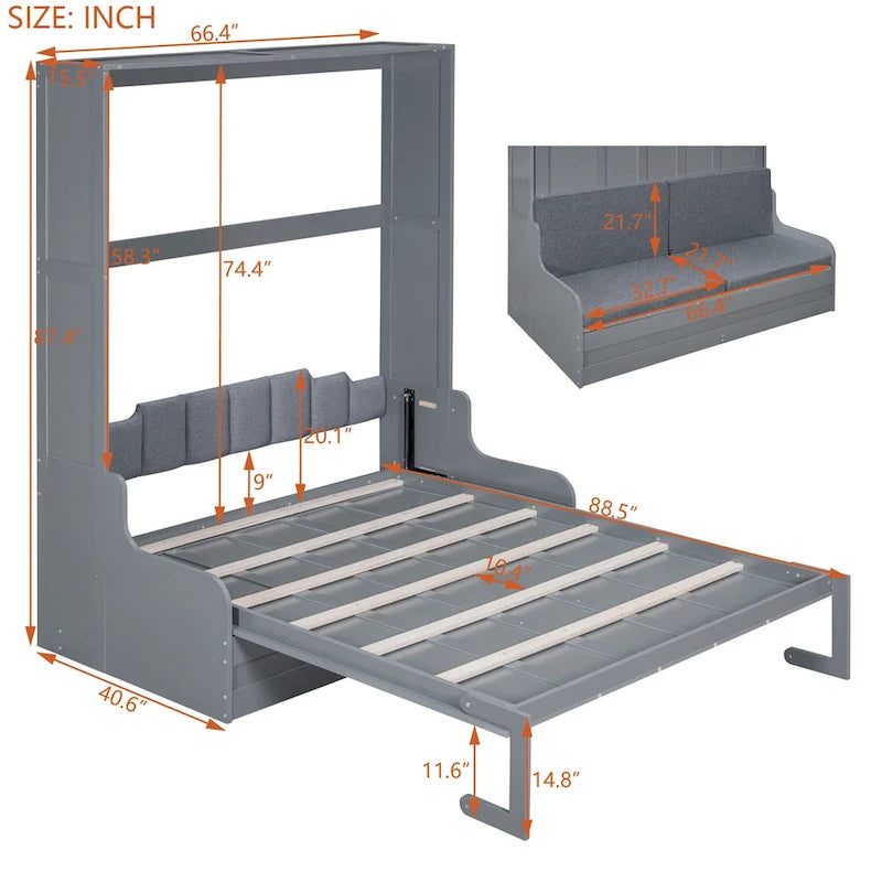 Cama de pared Queen Murphy con cojín – Espresso / Gris / Blanco, Duerme 1