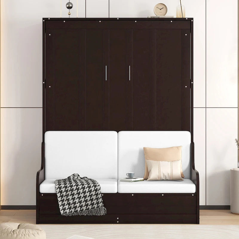 Cama de pared Queen Murphy con cojín – Espresso / Gris / Blanco, Duerme 1