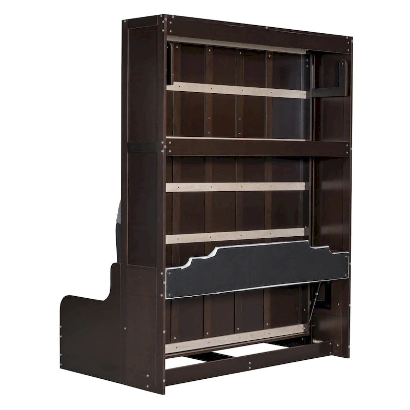 Cama de pared Queen Murphy con cojín – Espresso / Gris / Blanco, Duerme 1