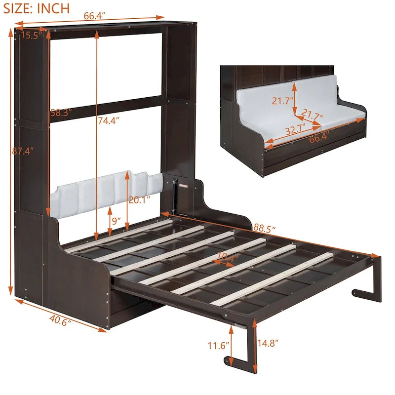 Cama de pared Queen Murphy con cojín – Espresso / Gris / Blanco, Duerme 1