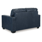 Sofá biplaza Ocean Blue y negro con capitoné, cuero genuino y sintético, 2 asientos, 62"