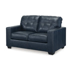 Sofá biplaza Ocean Blue y negro con capitoné, cuero genuino y sintético, 2 asientos, 62"