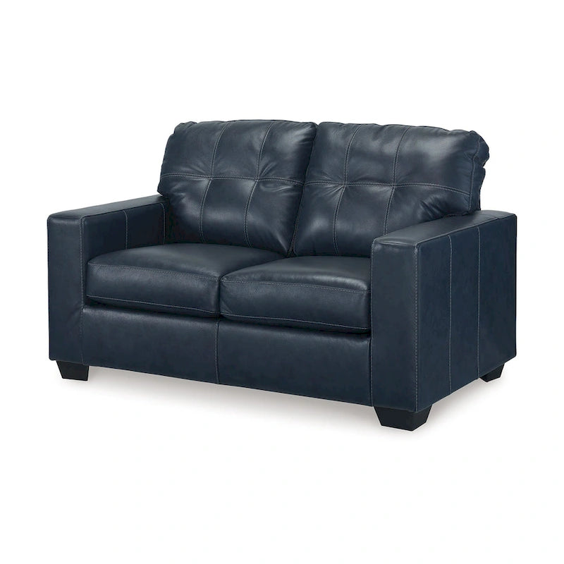 Ocean Blue & Black Tufted Loveseat, Genuine & Faux Leather, 2-Seat, 62"