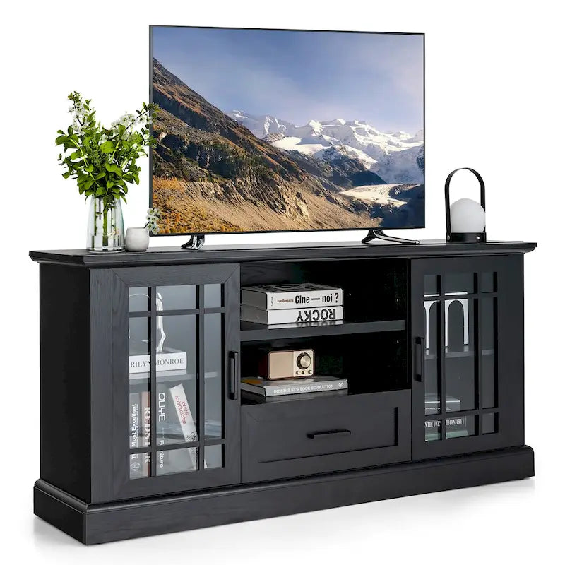 Black, Farmhouse TV Stand with Cabinets & Drawer, Multi-Person