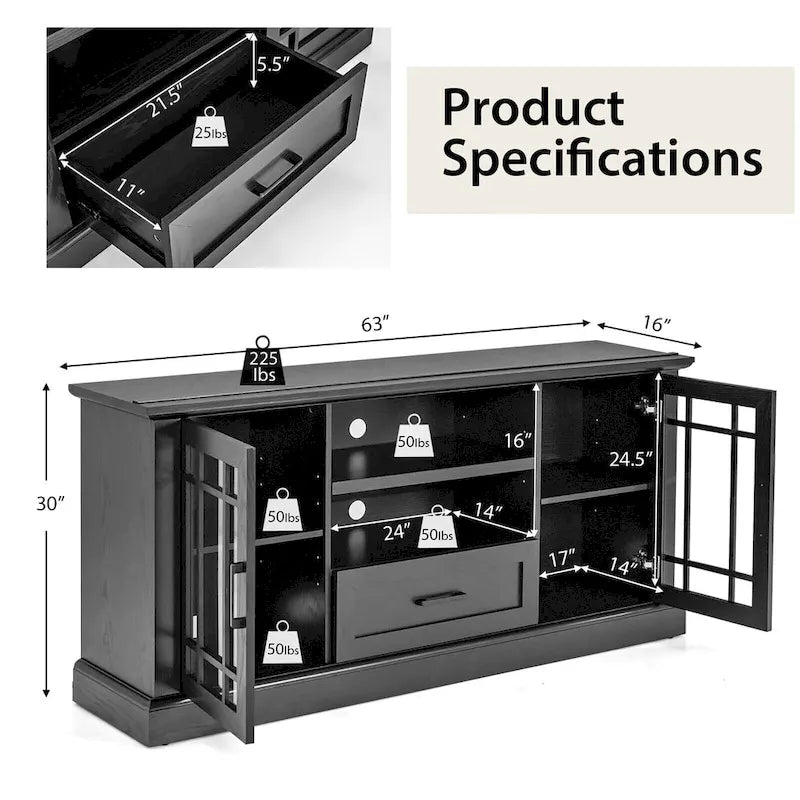 Black, Farmhouse TV Stand with Cabinets & Drawer, Multi-Person