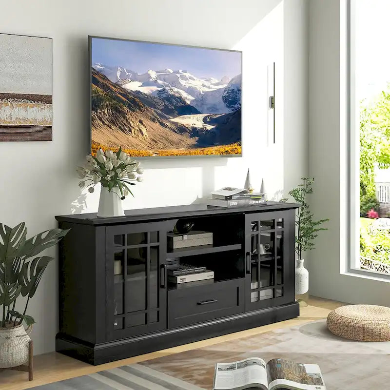 Black, Farmhouse TV Stand with Cabinets & Drawer, Multi-Person