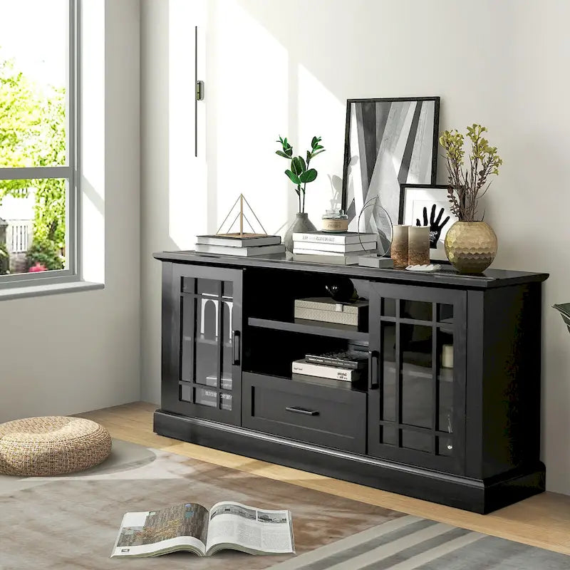 Black, Farmhouse TV Stand with Cabinets & Drawer, Multi-Person