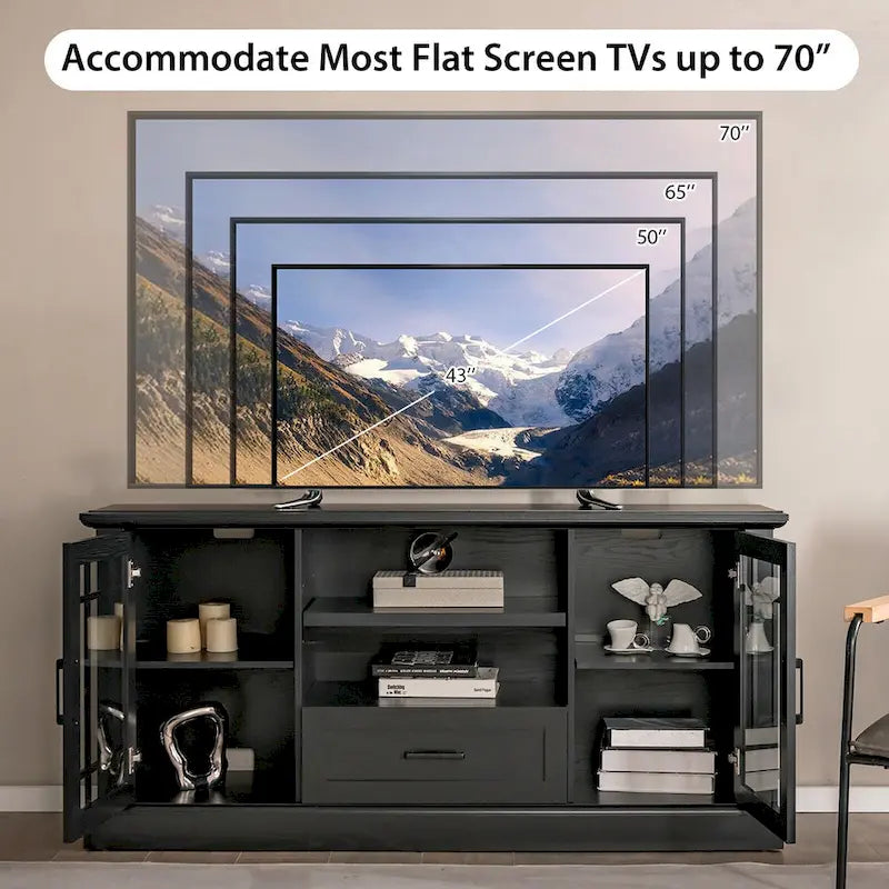 Black, Farmhouse TV Stand with Cabinets & Drawer, Multi-Person