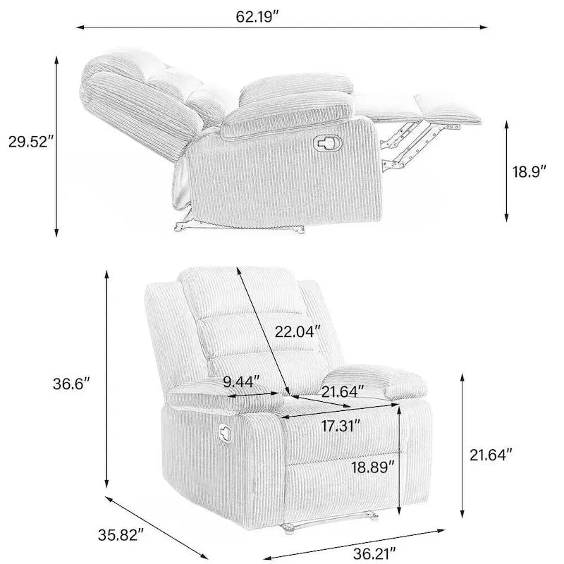 Sillón reclinable manual de pana y algodón beige / gris oscuro / avena / verde gris