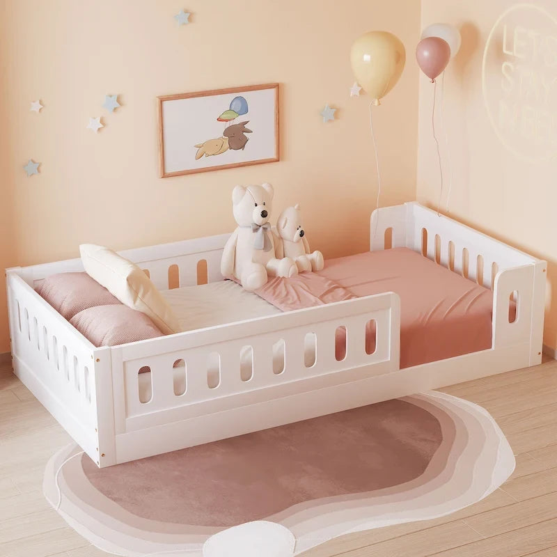 Natural & White Twin Platform Bed with Side Guardrail, Pine Wood, 1-Person