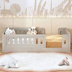 Natural & White Twin Platform Bed with Side Guardrail, Pine Wood, 1-Person