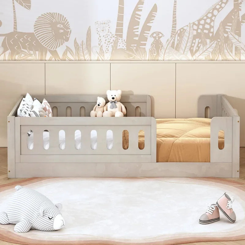 Natural & White Twin Platform Bed with Side Guardrail, Pine Wood, 1-Person