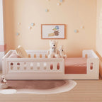 Natural & White Twin Platform Bed with Side Guardrail, Pine Wood, 1-Person
