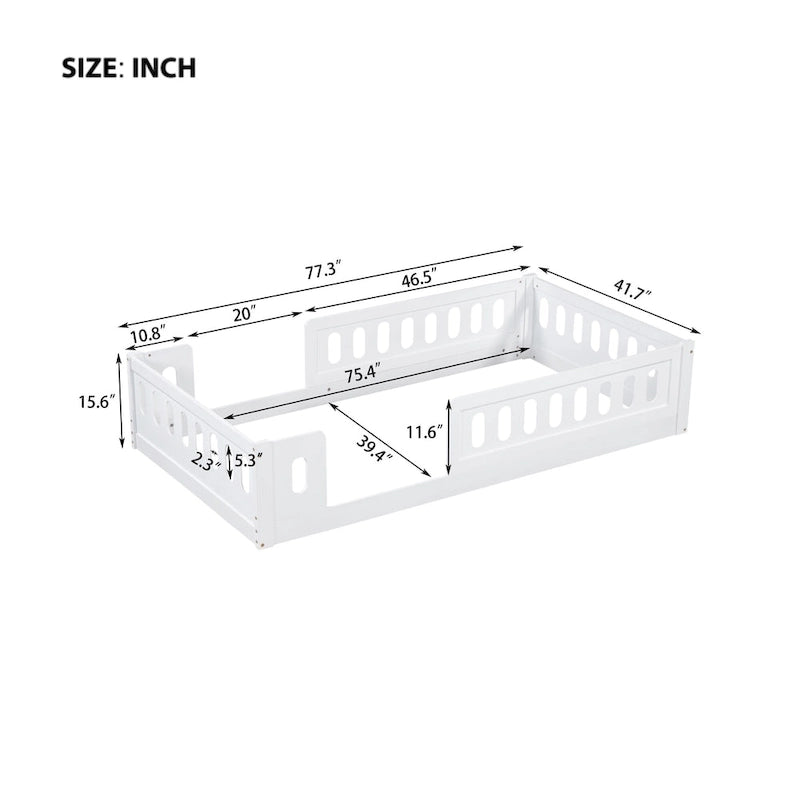 Natural & White Twin Platform Bed with Side Guardrail, Pine Wood, 1-Person