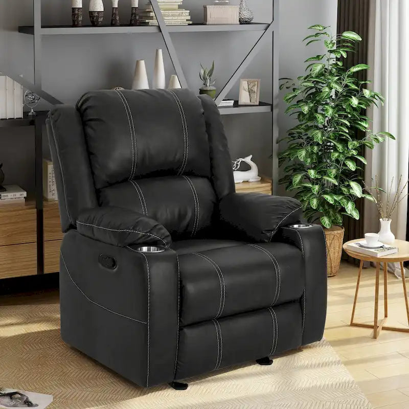 Black Manual Recliner Chair with Cup Holders, PU Leather, 1-Seat