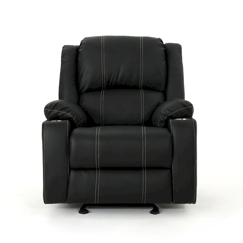 Black Manual Recliner Chair with Cup Holders, PU Leather, 1-Seat
