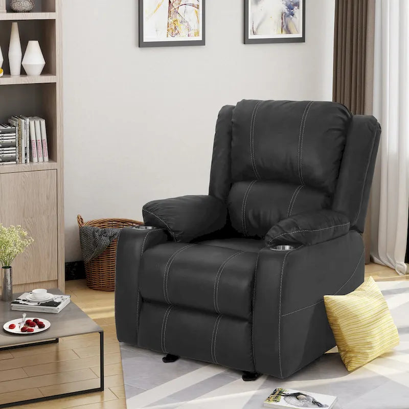 Black Manual Recliner Chair with Cup Holders, PU Leather, 1-Seat