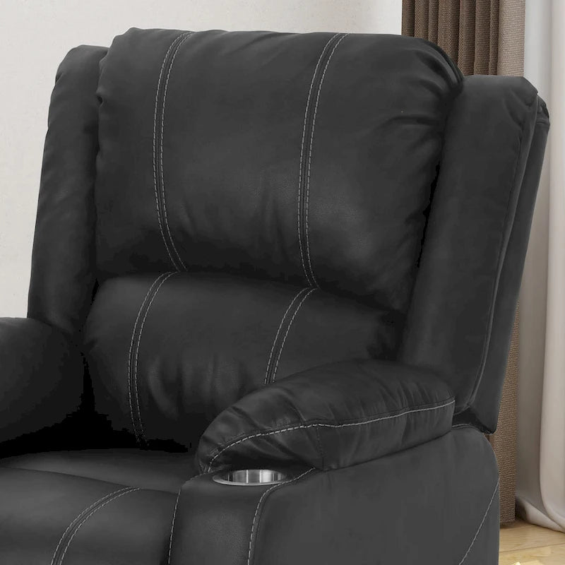 Black Manual Recliner Chair with Cup Holders, PU Leather, 1-Seat
