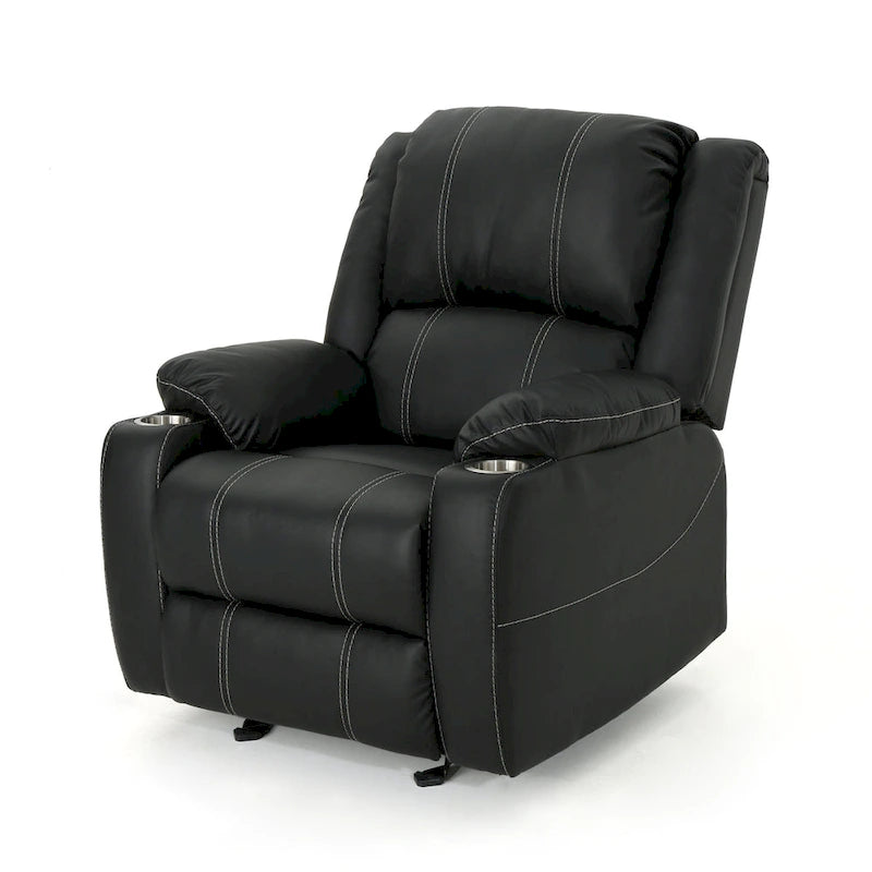 Sillón reclinable manual negro con portavasos, piel sintética, 1 asiento