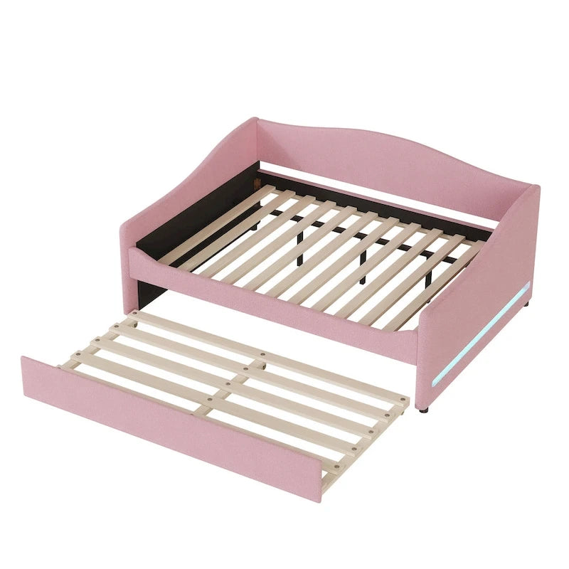 Sofá cama Teddy Fleece con nido y luces LED – Rosa/Gris/Beige, para 2 personas