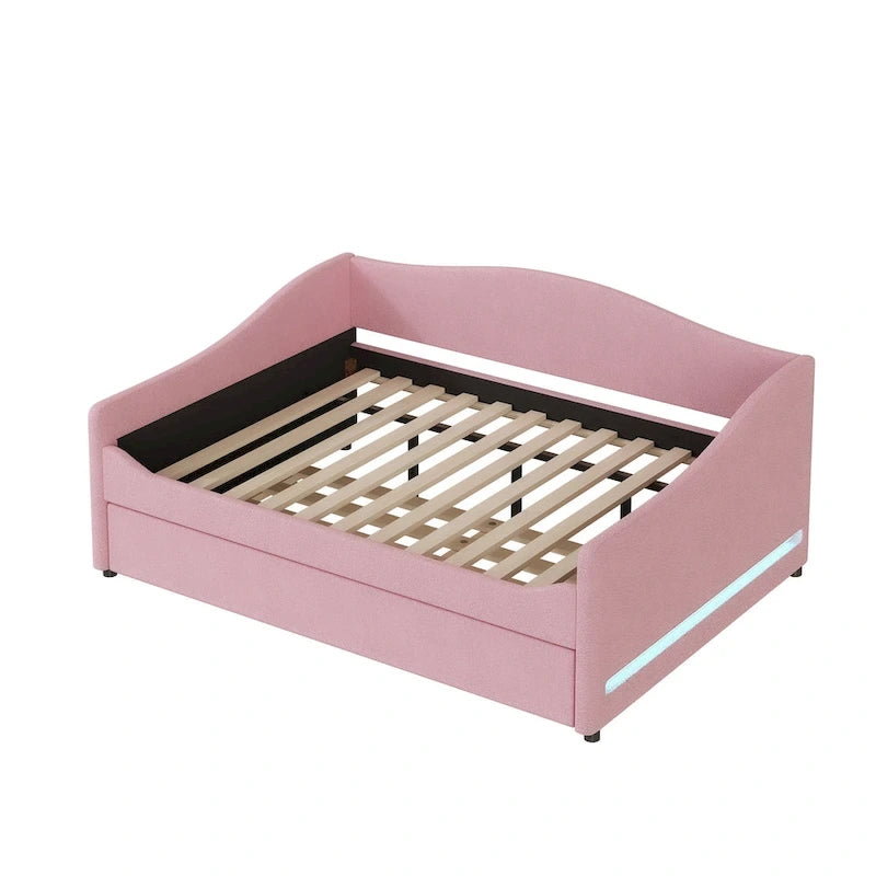 Sofá cama Teddy Fleece con nido y luces LED – Rosa/Gris/Beige, para 2 personas