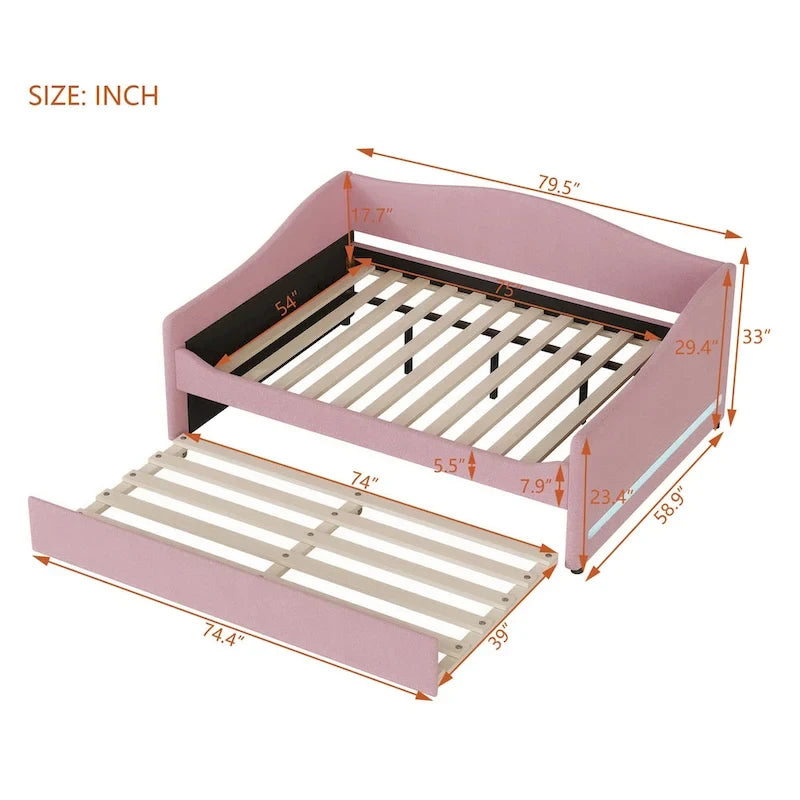 Sofá cama Teddy Fleece con nido y luces LED – Rosa/Gris/Beige, para 2 personas