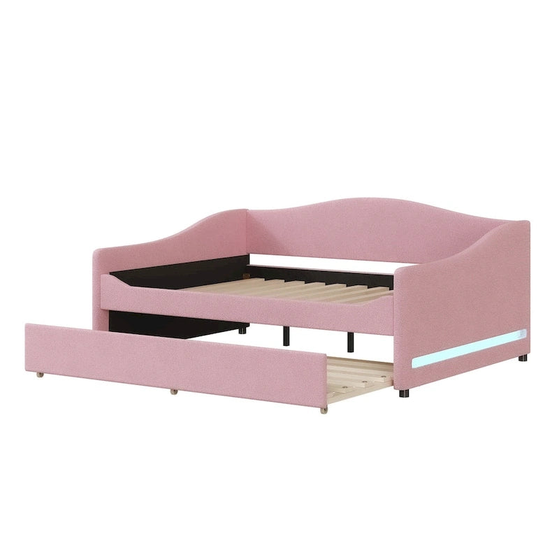 Sofá cama Teddy Fleece con nido y luces LED – Rosa/Gris/Beige, para 2 personas