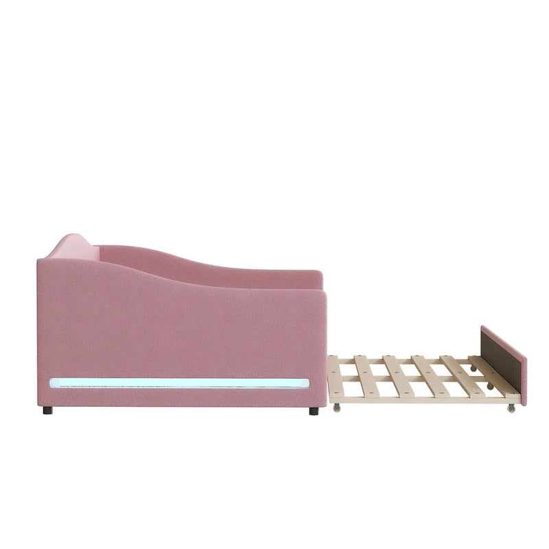 Sofá cama Teddy Fleece con nido y luces LED – Rosa/Gris/Beige, para 2 personas