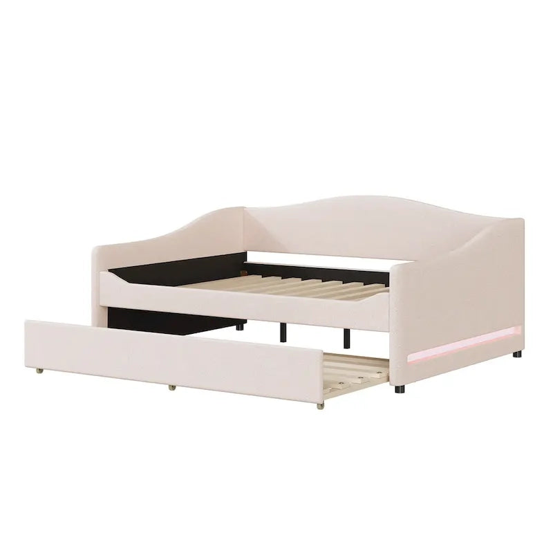 Sofá cama Teddy Fleece con nido y luces LED – Rosa/Gris/Beige, para 2 personas