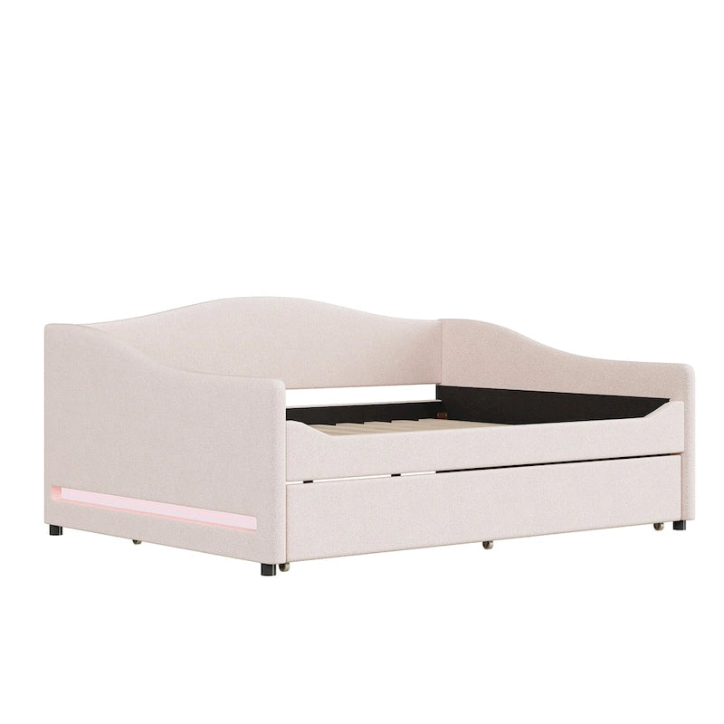 Sofá cama Teddy Fleece con nido y luces LED – Rosa/Gris/Beige, para 2 personas
