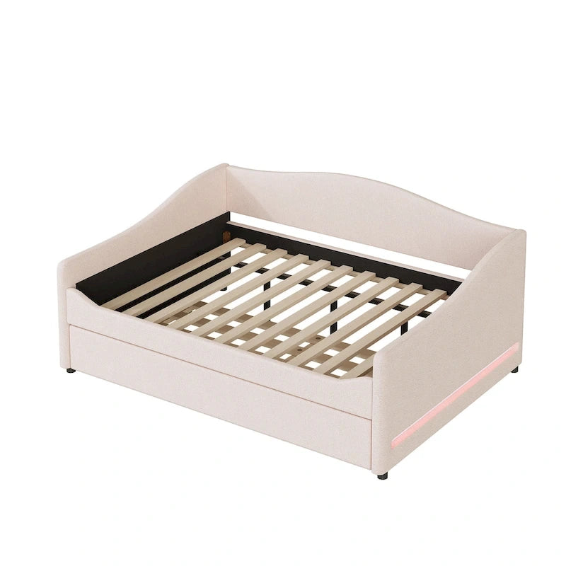 Sofá cama Teddy Fleece con nido y luces LED – Rosa/Gris/Beige, para 2 personas