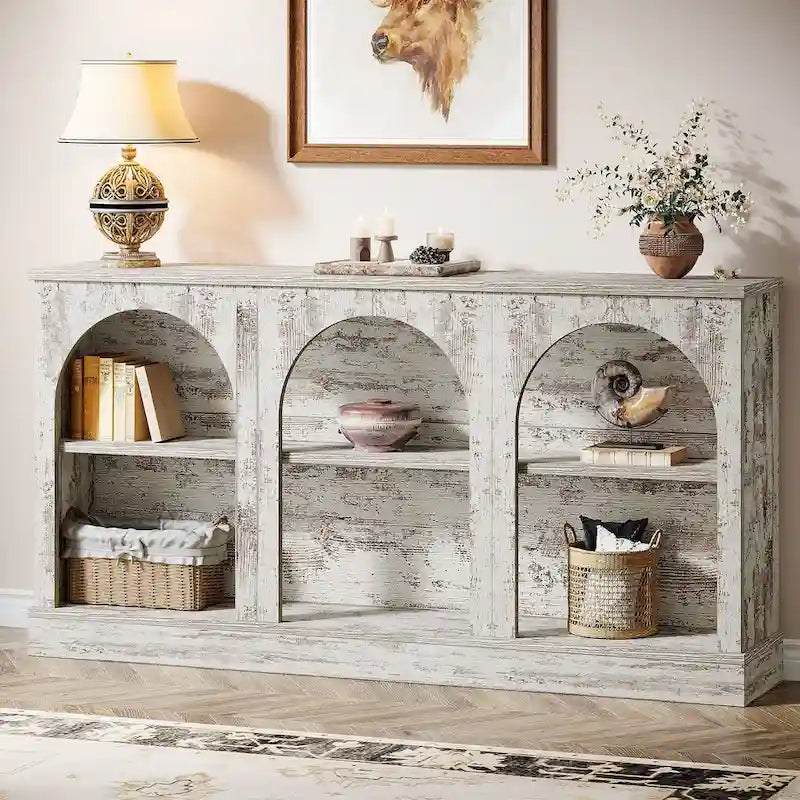 White / Brown / Black Farmhouse Console Table with 3-Tier Storage, Fits 1 Person Assembly