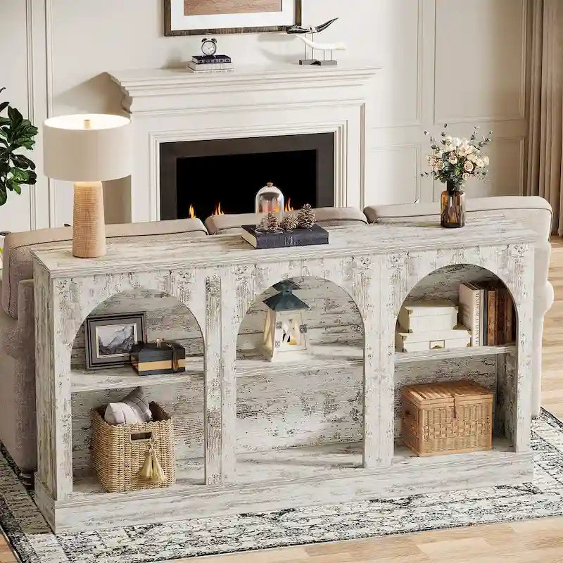 White / Brown / Black Farmhouse Console Table with 3-Tier Storage, Fits 1 Person Assembly