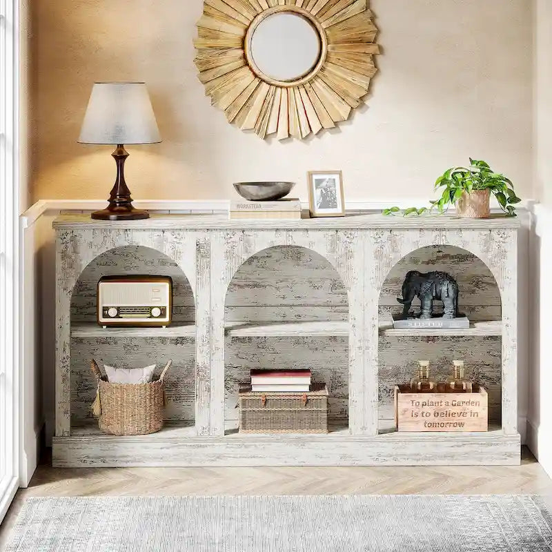 White / Brown / Black Farmhouse Console Table with 3-Tier Storage, Fits 1 Person Assembly