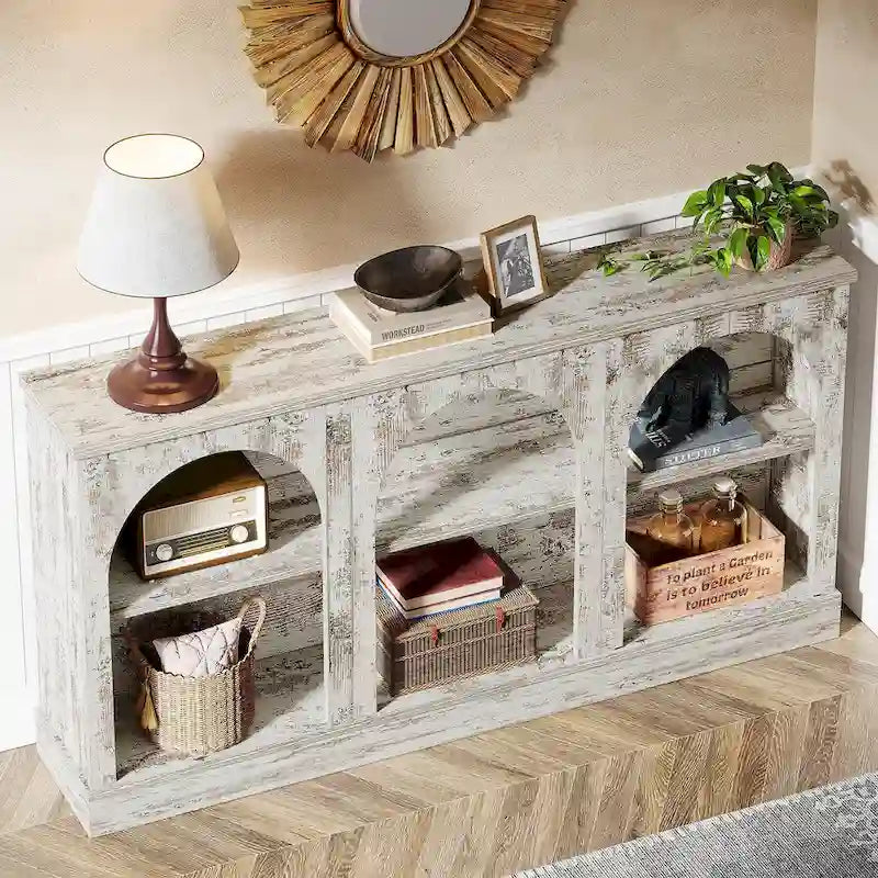 White / Brown / Black Farmhouse Console Table with 3-Tier Storage, Fits 1 Person Assembly