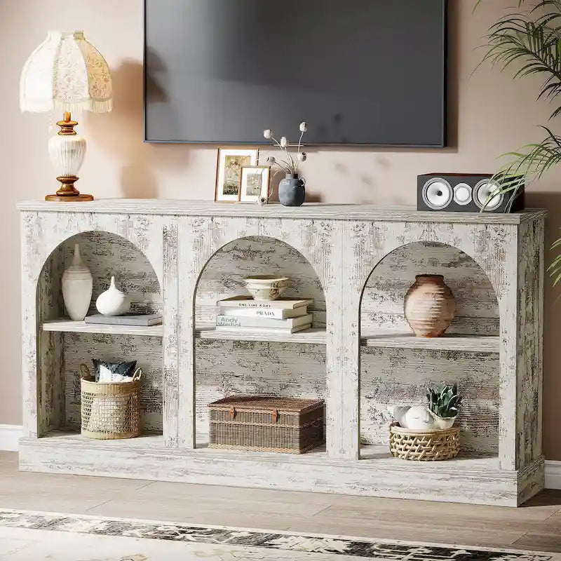 White / Brown / Black Farmhouse Console Table with 3-Tier Storage, Fits 1 Person Assembly