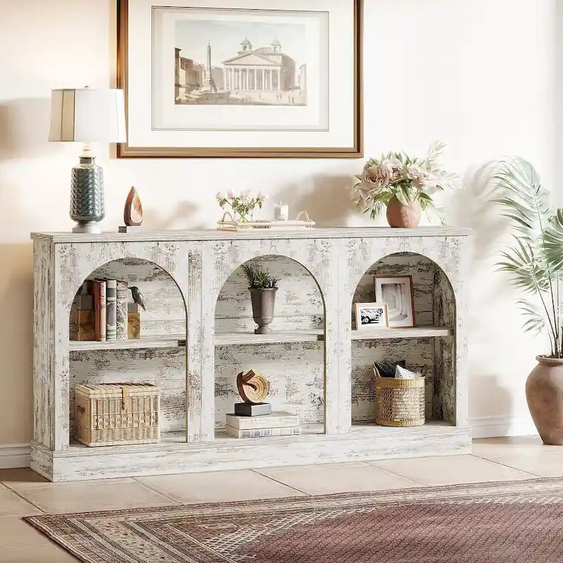 White / Brown / Black Farmhouse Console Table with 3-Tier Storage, Fits 1 Person Assembly