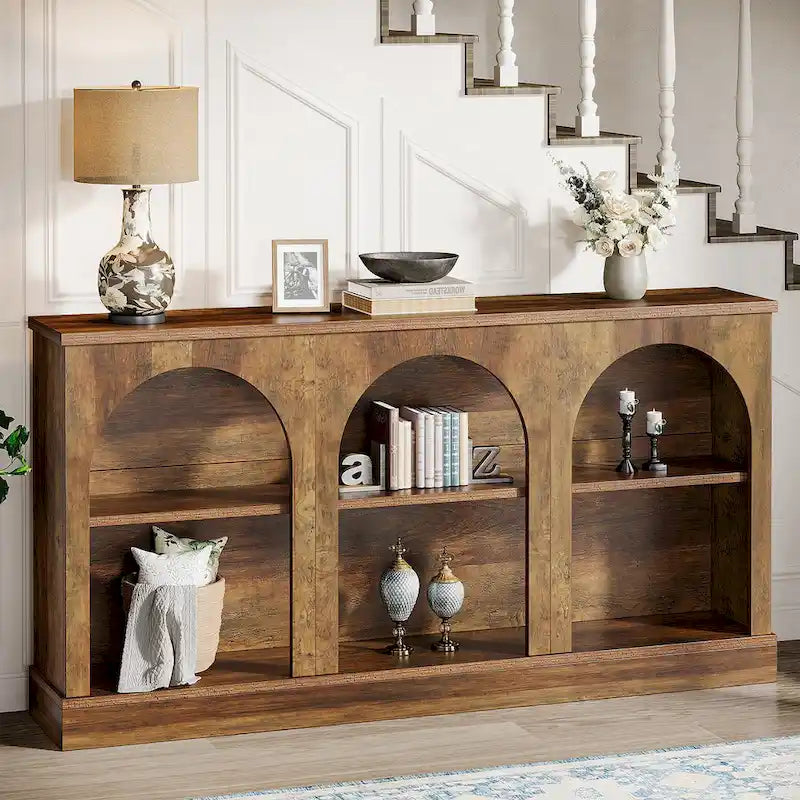White / Brown / Black Farmhouse Console Table with 3-Tier Storage, Fits 1 Person Assembly