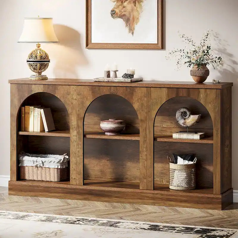 White / Brown / Black Farmhouse Console Table with 3-Tier Storage, Fits 1 Person Assembly