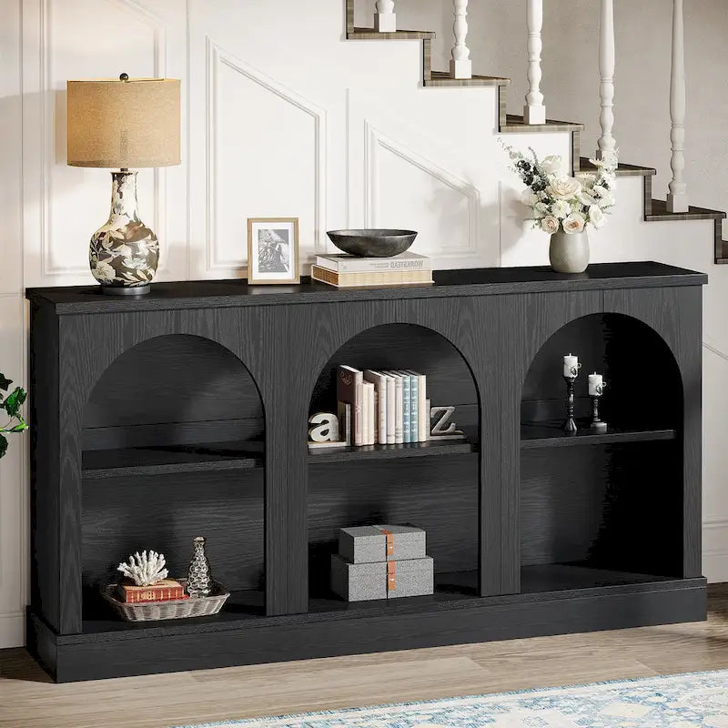 White / Brown / Black Farmhouse Console Table with 3-Tier Storage, Fits 1 Person Assembly