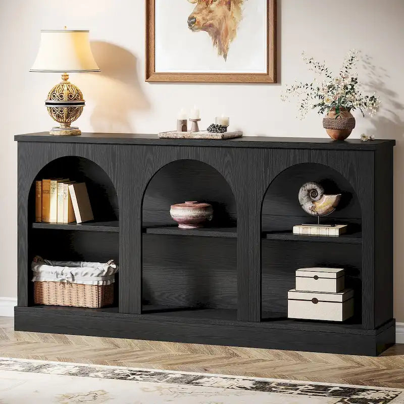 White / Brown / Black Farmhouse Console Table with 3-Tier Storage, Fits 1 Person Assembly