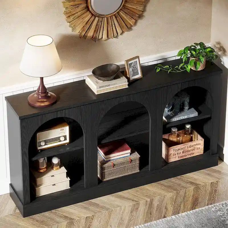 White / Brown / Black Farmhouse Console Table with 3-Tier Storage, Fits 1 Person Assembly