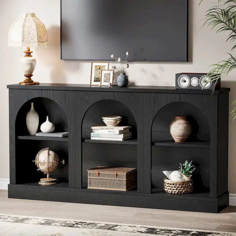 White / Brown / Black Farmhouse Console Table with 3-Tier Storage, Fits 1 Person Assembly