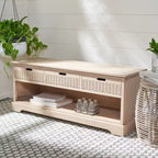 Sand/Black/Brown/Distressed White 3-Drawer Storage Bench, Seats 1-2, 47.3"W x 15"D x 19"H