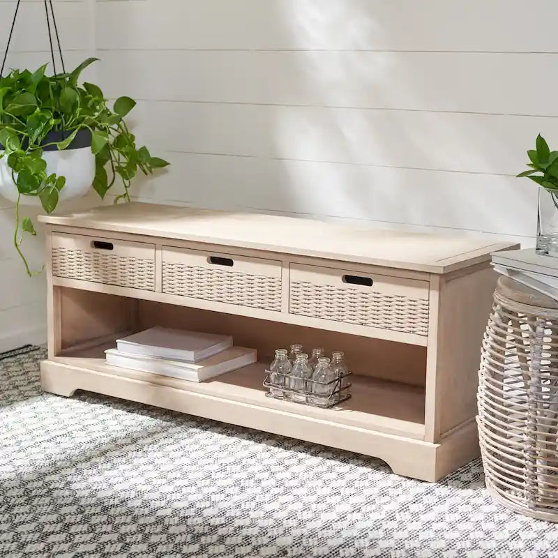 Sand/Black/Brown/Distressed White 3-Drawer Storage Bench, Seats 1-2, 47.3"W x 15"D x 19"H